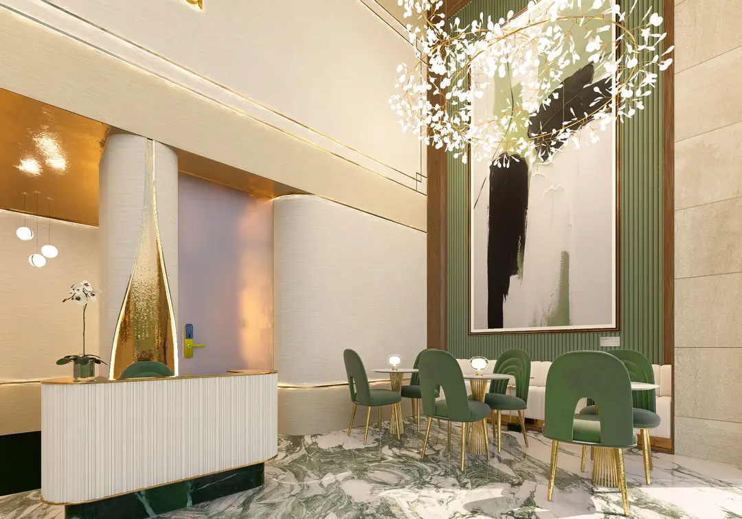 Recepción Art Déco con escultura de latón, mármol verde y sillas de terciopelo